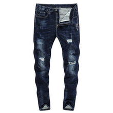 Load image into Gallery viewer, Skinny Ripped Embroidered Arrow Tapered Jeans - Dark Blue
